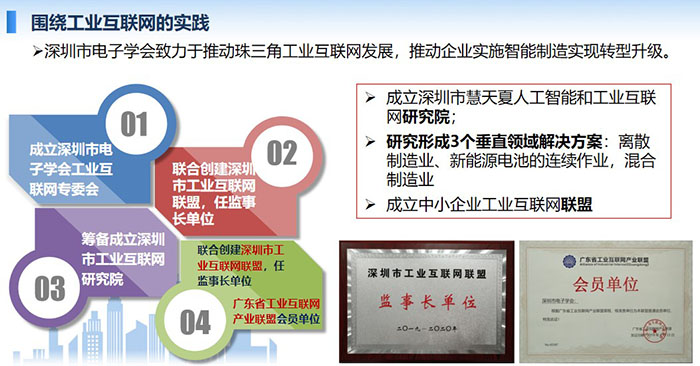 围绕工业互联网的实践:深圳市电子学会致力于推动珠三角工业互联网发展,推动企业实施智能制造实现转型升级。